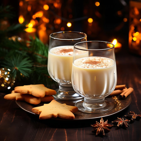 Two glasses of eggnog with cinnamon and star anise on a wooden backgroundの素材