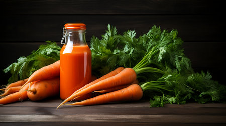Carrot juice in a glass bottle and fresh carrots on a wooden tableの素材