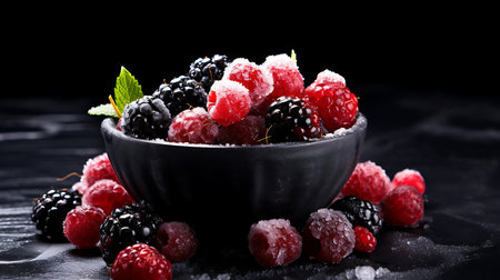 Blackberries, raspberries and blueberries on a black backgroundの素材