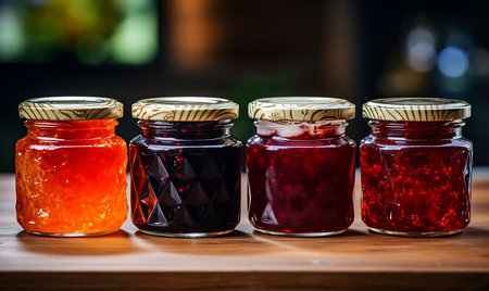 Jars with jam on wooden shelves. Preserved fruits and berries.の素材
