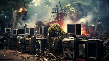 Pile of old computer monitors in a garbage dump with city backgroundの素材