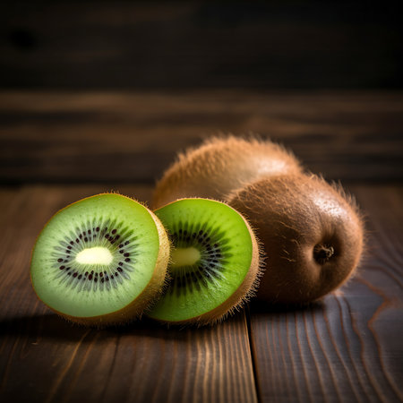 Kiwi fruit on brown wooden backgroundの素材