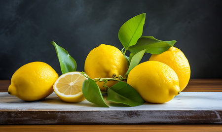 Fresh lemons with green leaves on a wooden board on a dark backgroundの素材