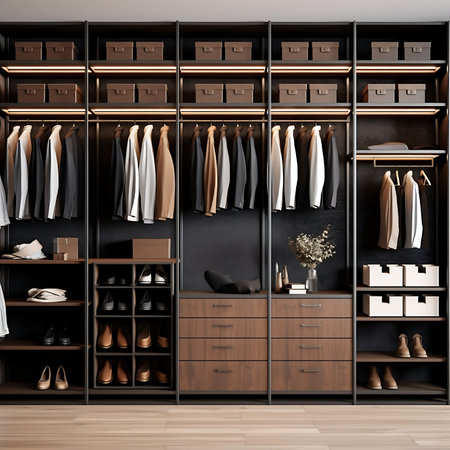 Modern minimalist men walk in wardrobe with black and brown furniture.の素材