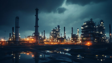 oil refinery field at night with blue sky and white clouds.の素材