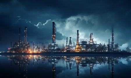 oil refinery field at night with blue sky and white clouds.の素材
