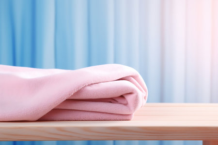 Stack of blue and pink towels on shelf against white wooden wall.の素材
