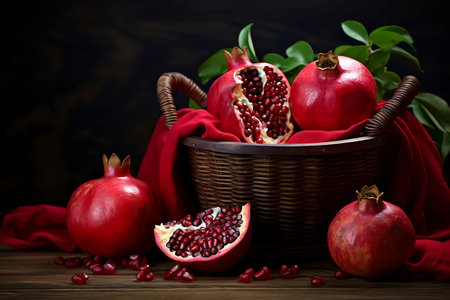 Ripe pomegranate fruit in a basket on wooden backgroundの素材