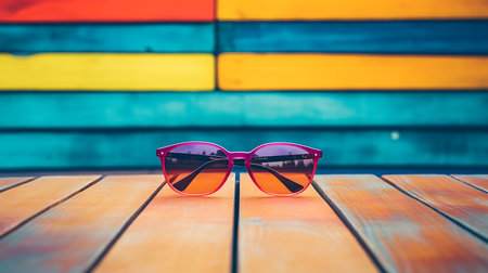 Sunglasses on a colorful wooden tableの素材