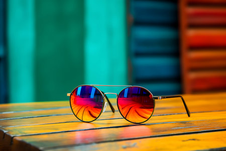 Sunglasses on the table. Selective focus. nature.の素材