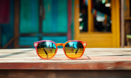 Sunglasses on a colorful wooden tableの素材