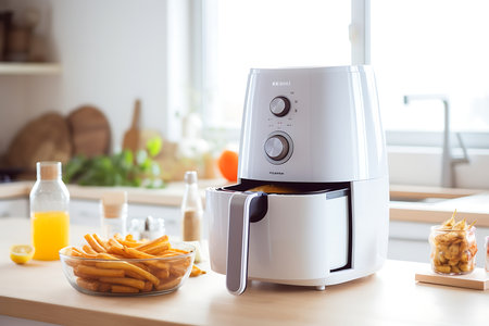 Modern electric kettle on the table in the kitchen. Modern kitchen.の素材