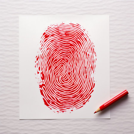 Red fingerprint on a white marble background.の素材