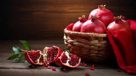 Ripe pomegranate fruit in a basket on wooden backgroundの素材