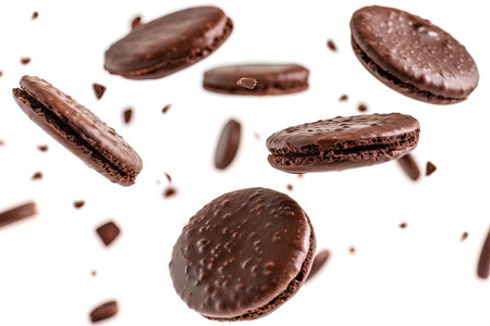 Chocolate cookies falling on white backgroundの素材