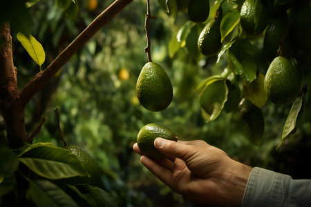 Hand picking ripe Avocado from Avocado orchardの素材