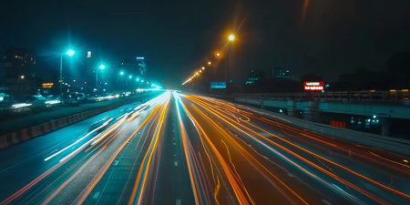 Car lights on the road in a modern city at nightの素材
