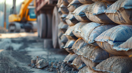 Cement bag stack on truck site, construction conceptの素材