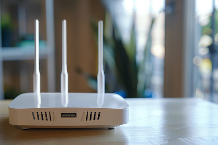 New white Wi-Fi router on wooden table indoorsの素材