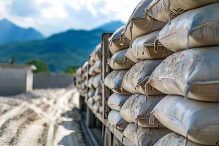 Cement bag stack on truck site, construction conceptの素材