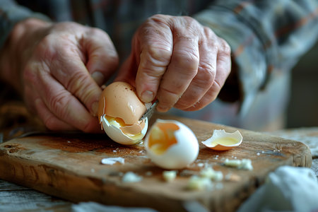 Man peeling egg on a wooden tableの素材
