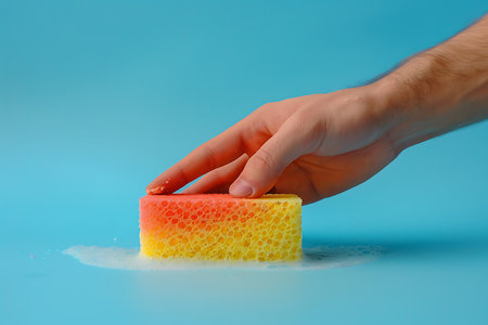 Hand with a sponge cleaning the surface of a red and blue backgroundの素材