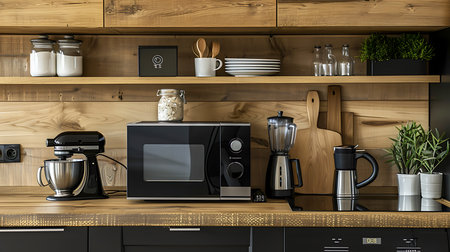 Modern kitchen interior with microwave oven and coffee machine on wooden tableの素材
