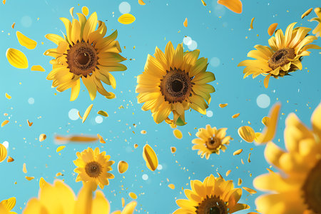 Sunflowers and petals on blue backgroundの素材