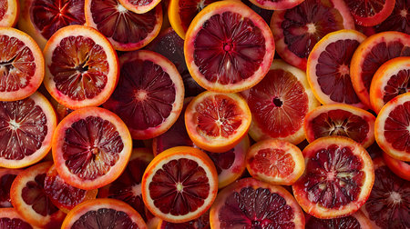 Slices of red and orange fruit as backgroundの素材