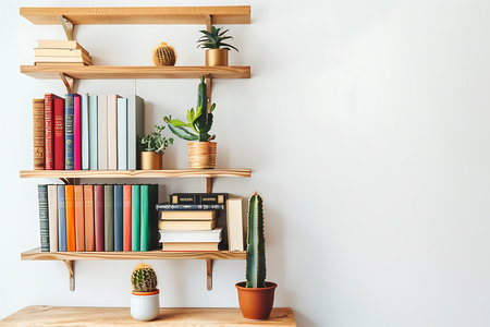 Bookshelf with books and cactuses and succulents on white wall backgroundの素材