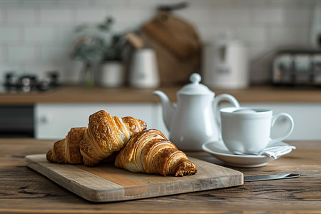 Cutting board with tasty croissants and cup on wooden table in kitchenの素材
