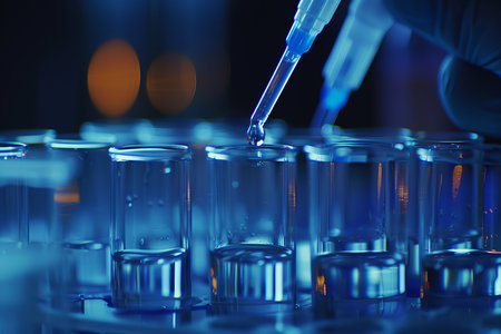 Dripping liquid from a pipette into a test tube in the laboratoryの素材
