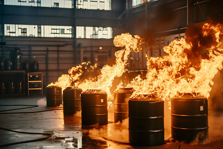 Burning gas cylinders and oil tanker with fireの素材