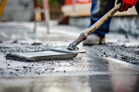 Worker with trowel on a construction site, closeupの素材