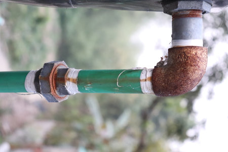 Close-up view features a green pipe joint, connected to a rusted pipe elbow with rust and bolt...