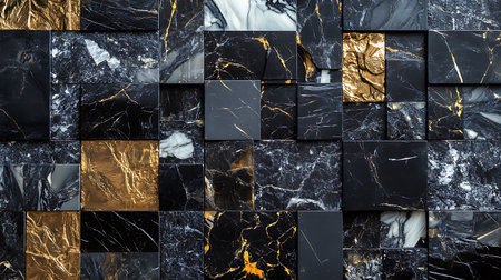 Abstract close-up shows a background pattern of black marble square tiles intermixed with metallic gold textured squares. Various marble textures and veining are visible throughout.の素材