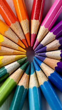 A tightly cropped macro photograph shows a ring of vibrantly colored pencils from the rainbow spectrum. Their tips are oriented inward, creating a circular design.の素材
