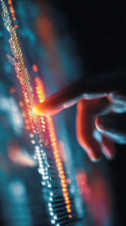 A striking close-up shows a finger gently touching a screen displaying a grid of vibrant, glowing orange and blue dots connected by lines, conveying technology and connection.の素材