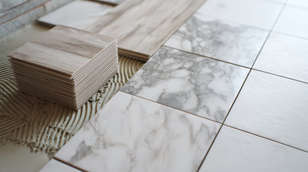 A close-up captures the installation of marble-look and wood-look tiles with fresh thin-set mortar, showcasing a home renovation project with various textures and colors.の素材
