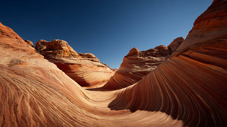 Geological wonder Striated Navajo sandstone formations at The Wave, Arizona. Eroded rock landscape exhibiting unique patterns. Deep blue sky above creates contrast.の素材