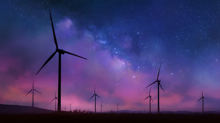 A stunning landscape showcasing wind turbines silhouetted on a horizon. The backdrop highlights a vibrant Milky Way galaxy with beautiful hues of purple and pink and a starry sky.の素材