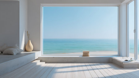 A serene minimalist room featuring a large window showcasing a tranquil ocean view. The bright, white space includes pillows, a vase, books, and comfortable seating, all bathed in natural light.の素材