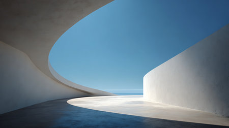 Minimalist architectural perspective showcasing curved concrete walls under a serene blue sky. Slight sea horizon in the distance enhances the tranquility of the scene.の素材
