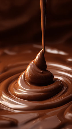 Indulge in the rich, velvety texture of milk chocolate as it pours and swirls, creating mesmerizing patterns. The close-up shot highlights the decadent beauty and deliciousness.の素材