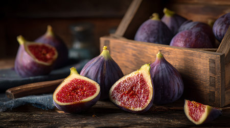 Dark and moody image of fresh figs, some halved, spilling from a rustic wooden crate onto a rough wooden table. Red flesh and seeds are vividly displayed.の素材