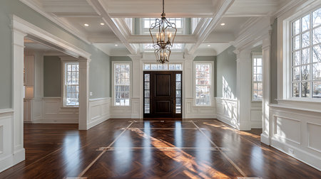 Luxurious foyer showcasing intricate dark wood flooring with contrasting light accents, complemented by crisp white trim, coffered ceilings, and a grand wrought-iron chandelier. Abundant natural light pours in.の素材
