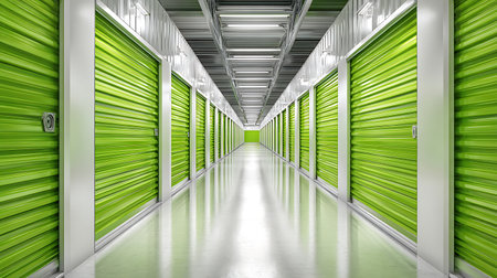 This image showcases a long hallway flanked by bright green storage units with white trim. The metal ceiling and reflective floor enhance the depth and industrial design.の素材