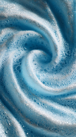 Mesmerizing close-up of a swirling blue and white soap foam with countless tiny bubbles creating a textured and abstract design. The fluid movement is almost hypnotizing.の素材