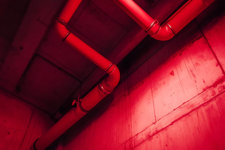This close-up captures industrial red pipes running across an aged concrete ceiling and walls within an underground location, bathed in an intense red light, creating a stark, dramatic atmosphere.の素材