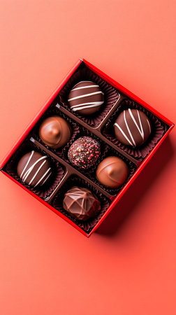 Top-down view of a red box containing seven assorted chocolate truffles with various toppings, arranged in brown paper cups against a vibrant red background.の素材
